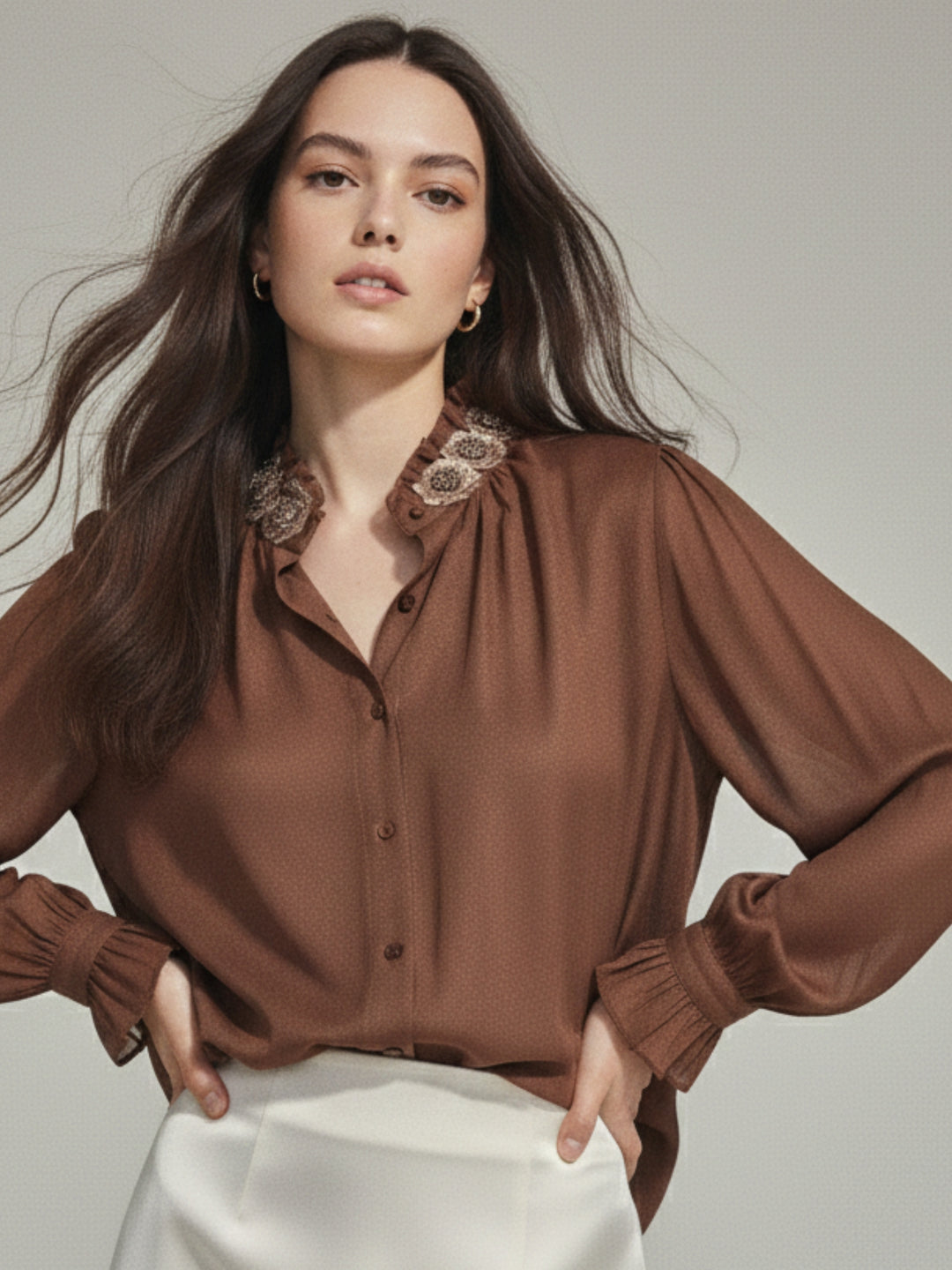 Brown Partywear Embellished Floral Applique Shirt