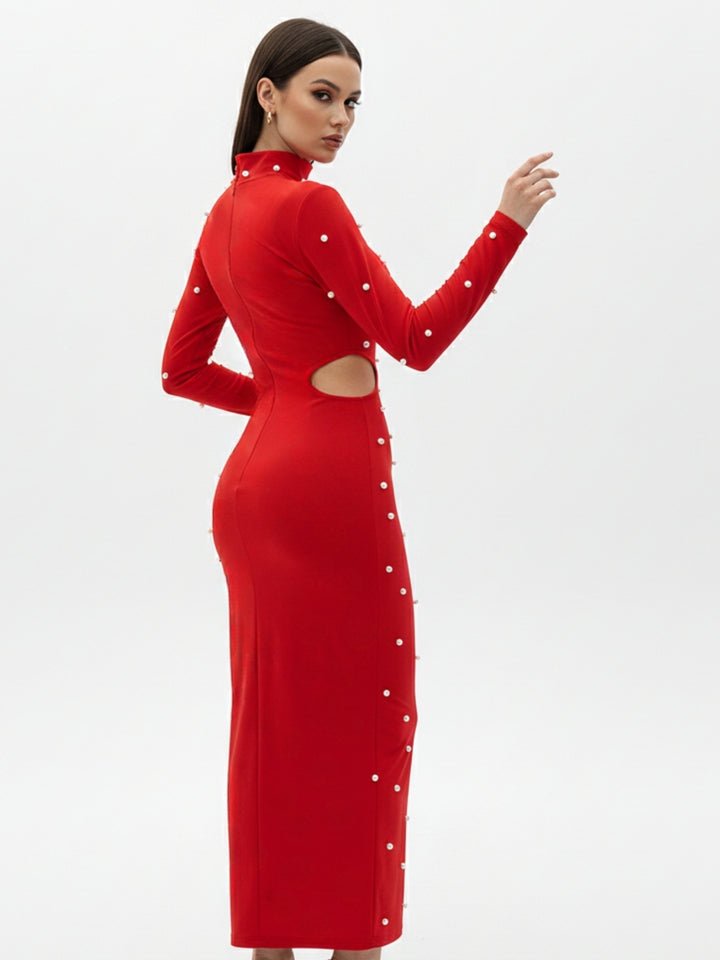 Red Full Sleeve Cut-Out Detail Mock Neck Dress