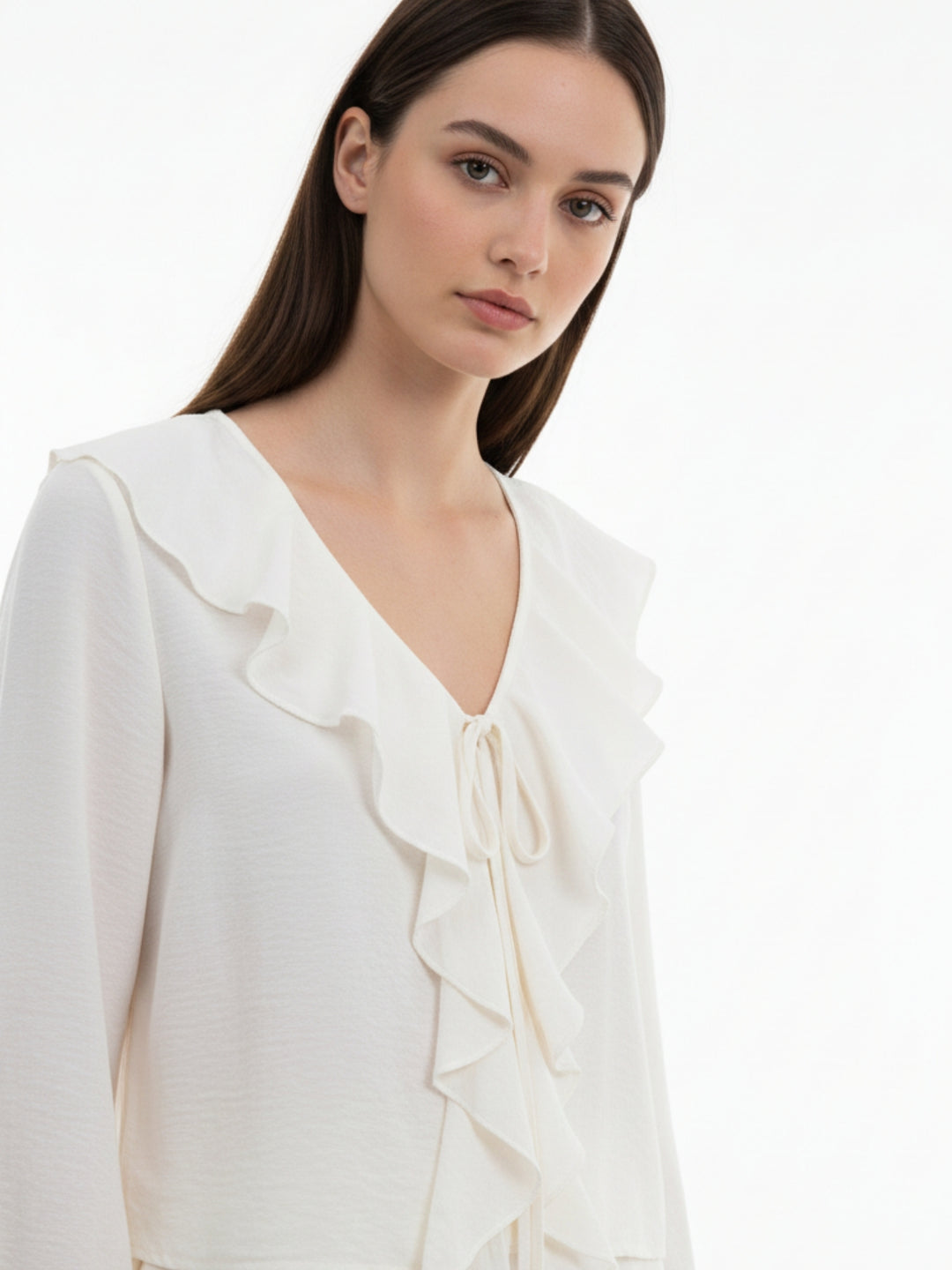 Off White Bell Sleeve Ruffle Detail Top And Pant Set