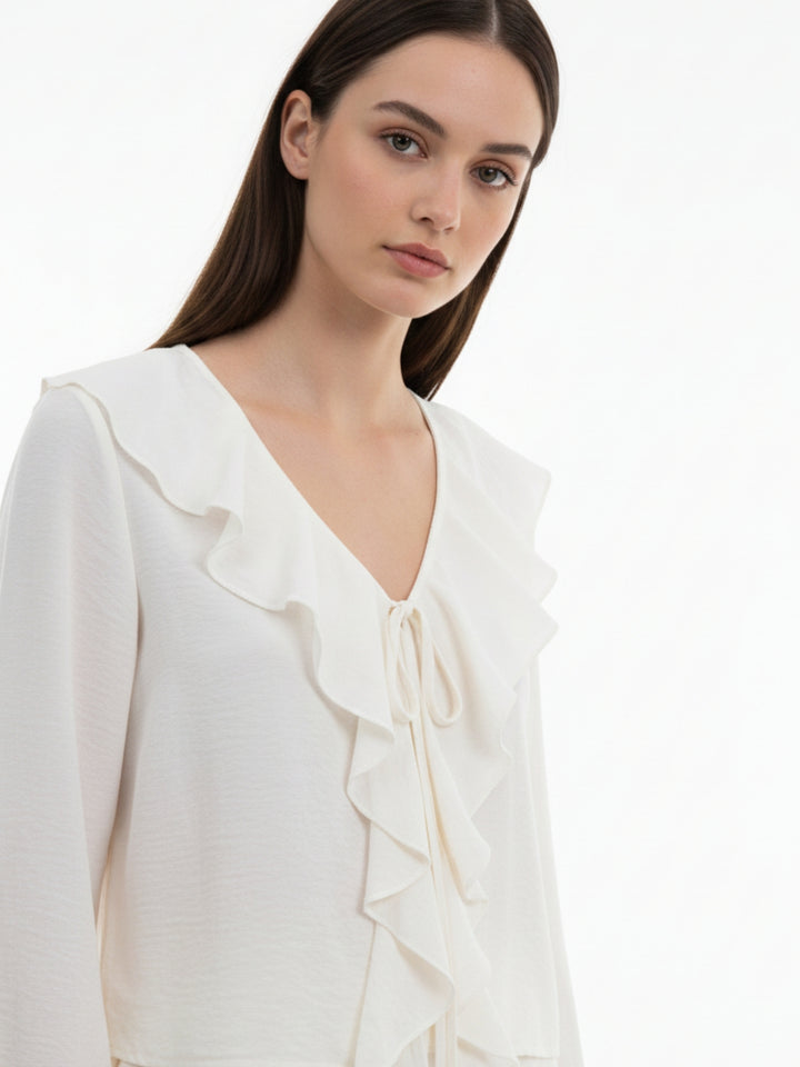 Off White Bell Sleeve Ruffle Detail Top And Pant Set