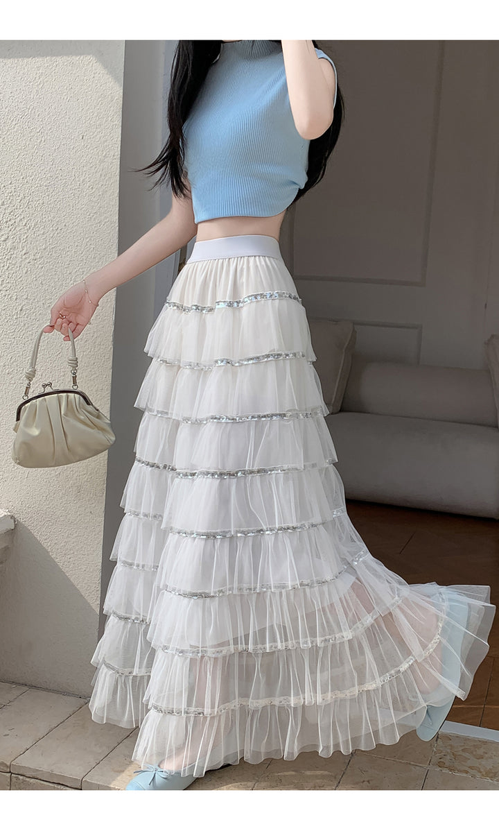 White Solid Tiered Skirt With Tonal Borders