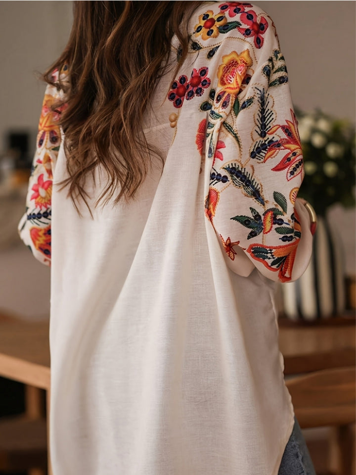 Off White Full Sleeve Front Buttoned Printed Top