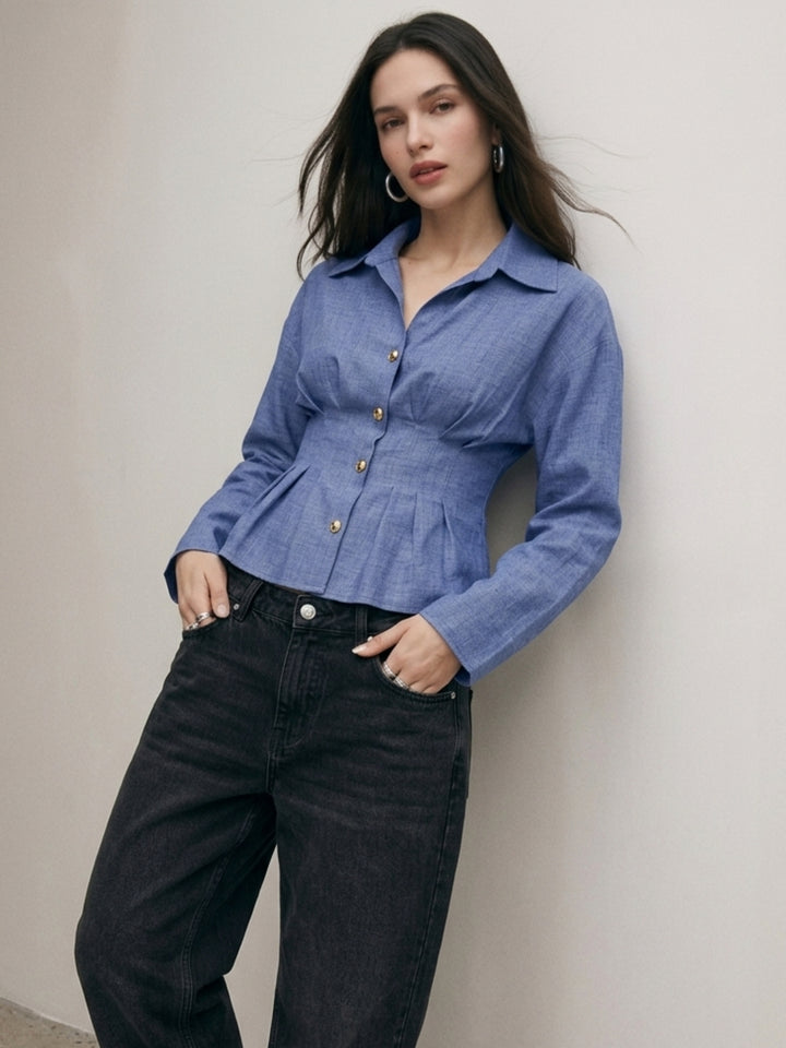 Blue Full Sleeves Front Pleated Shirt