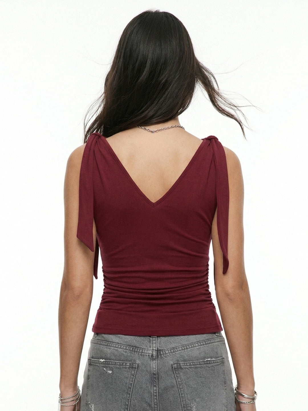 Burgundy Shoulder Tie-Up Fitted Top
