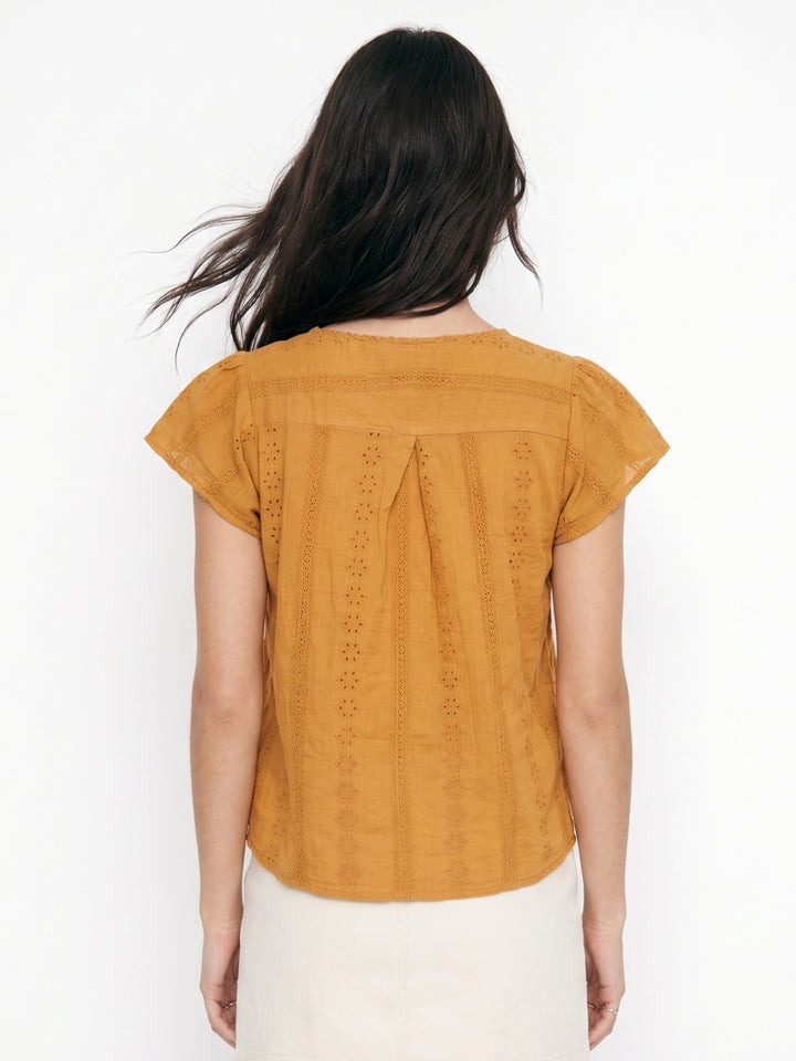 Mustard Button Down Schiffli Top