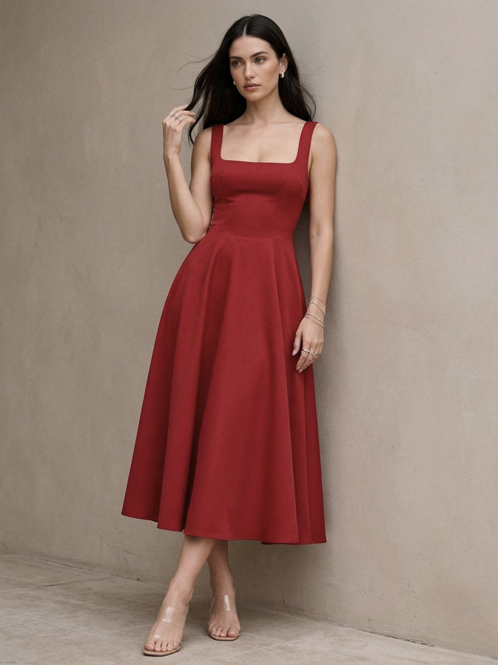 Red Square Neck Flared Dress