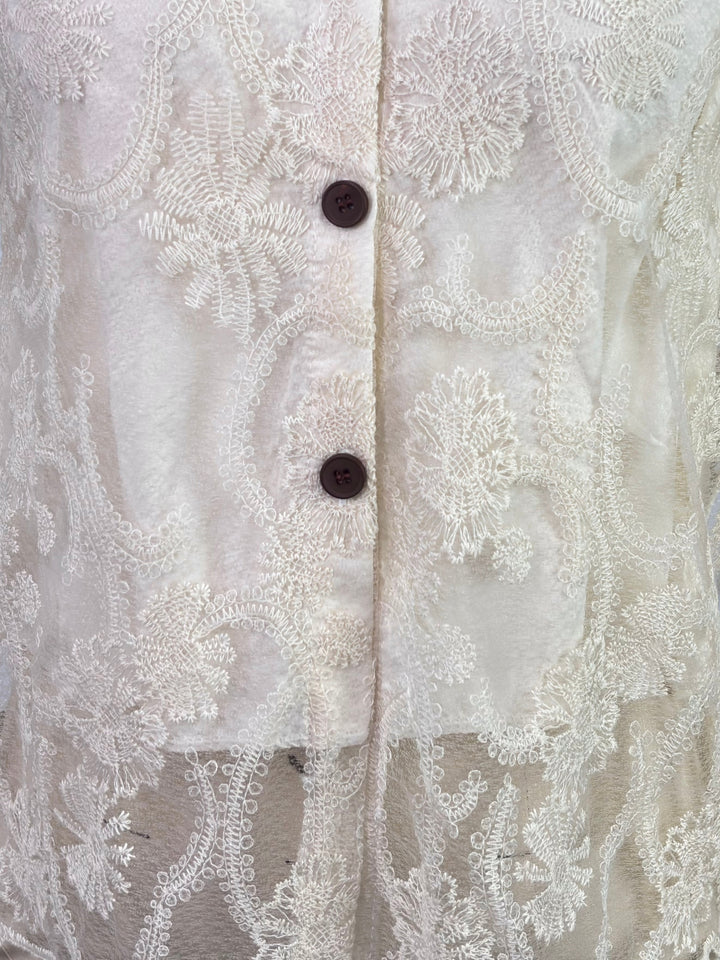 Off White Sleeveless Front Buttoned Lace Top