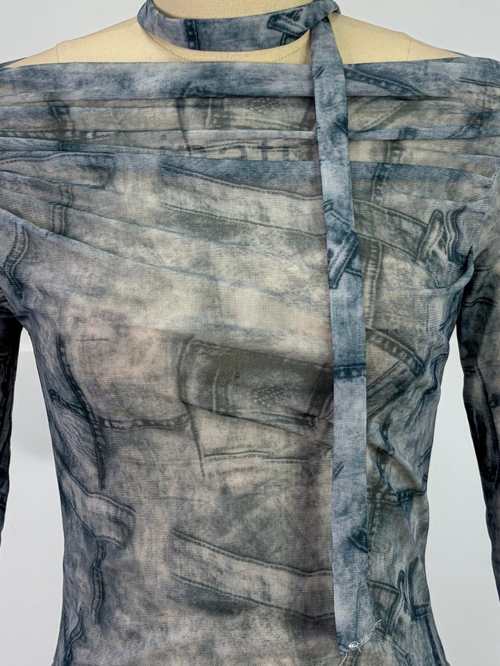 Blue Off-Shoulder Printed Top With Neck Tie Detail