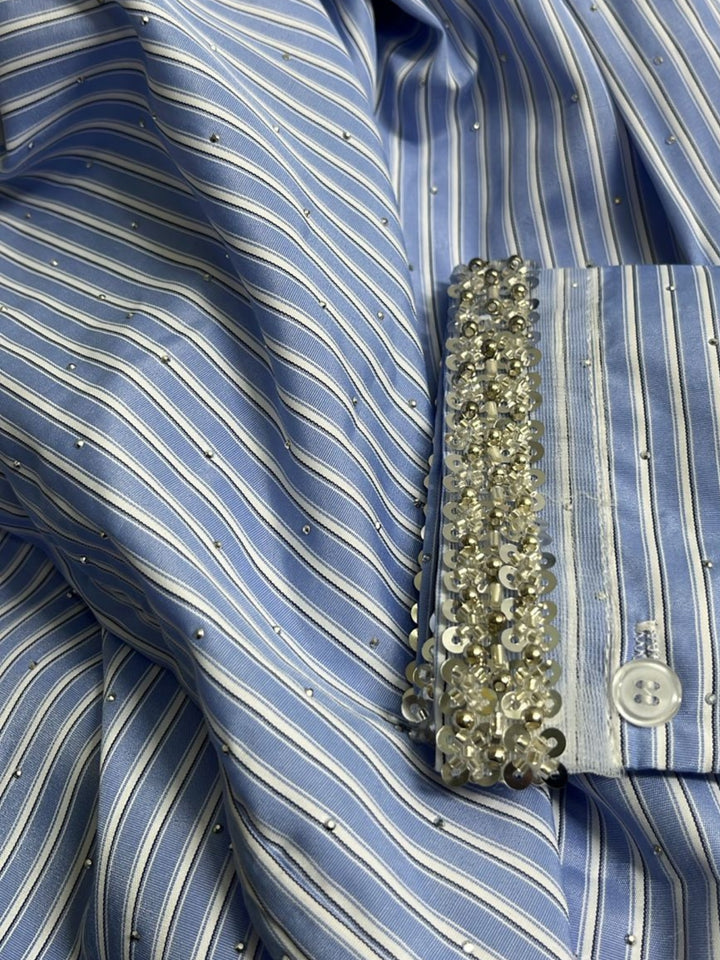Blue Embellished Neckline Striped Shirt