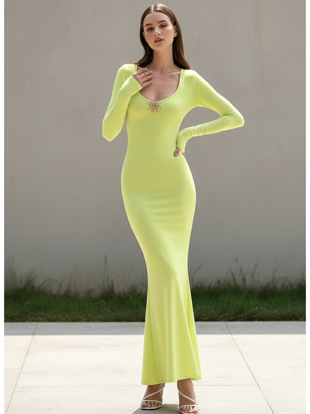 Lime Full Sleeve U-Neck Dress