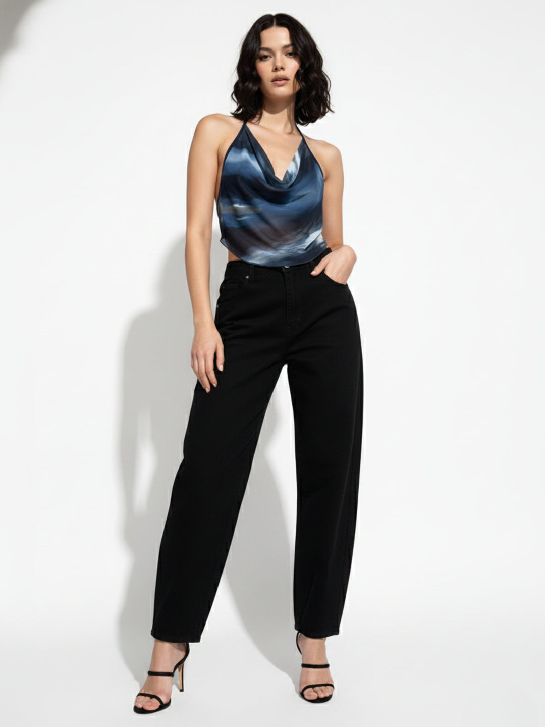 Blue Printed Cowl Neck Halter Camisoles