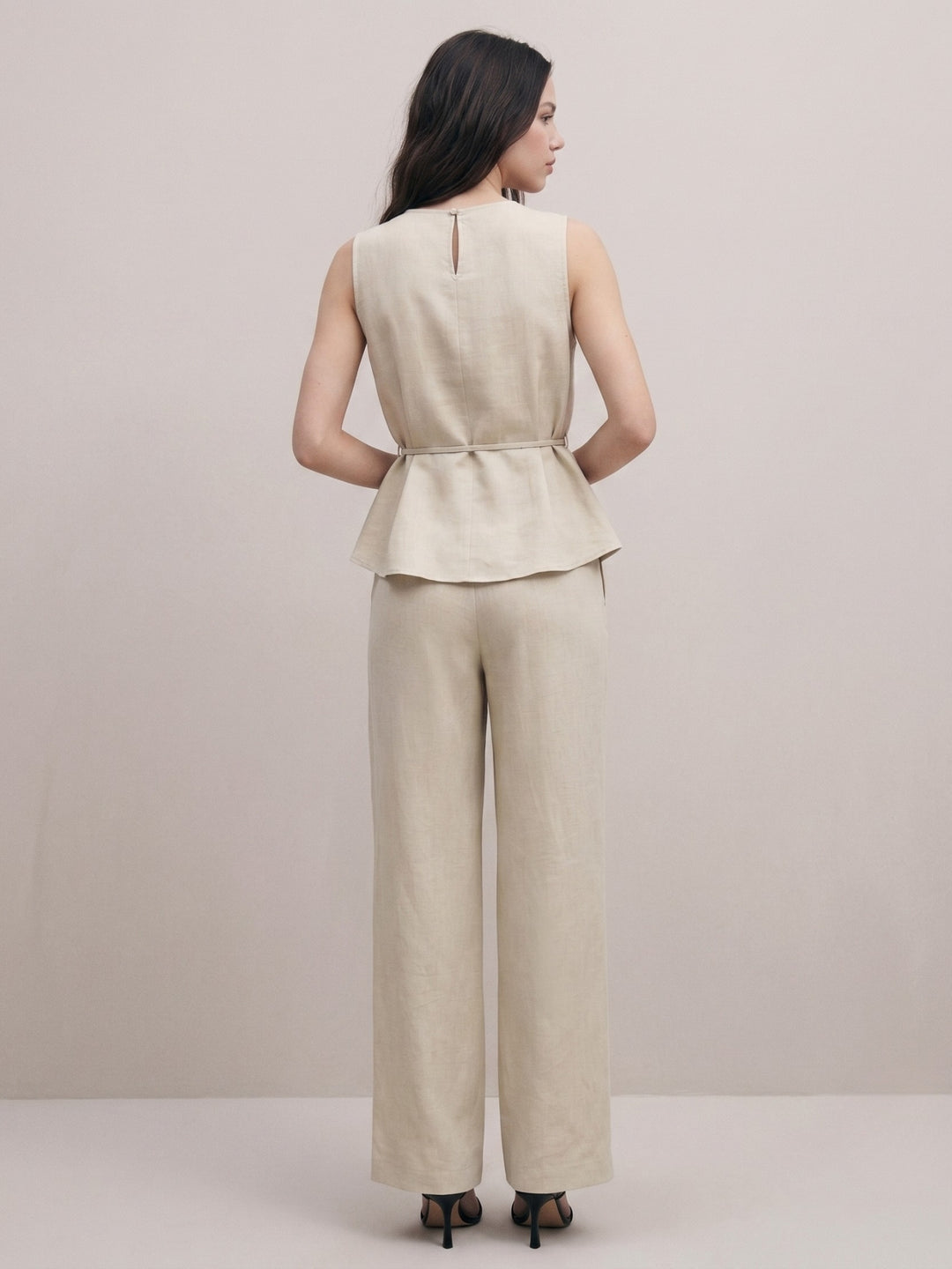 Cream Round Neck Pleated Top With Trouser Co-Ord Set