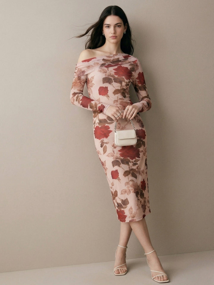 Beige Mesh Printed Off-Shoulder Midi Dress