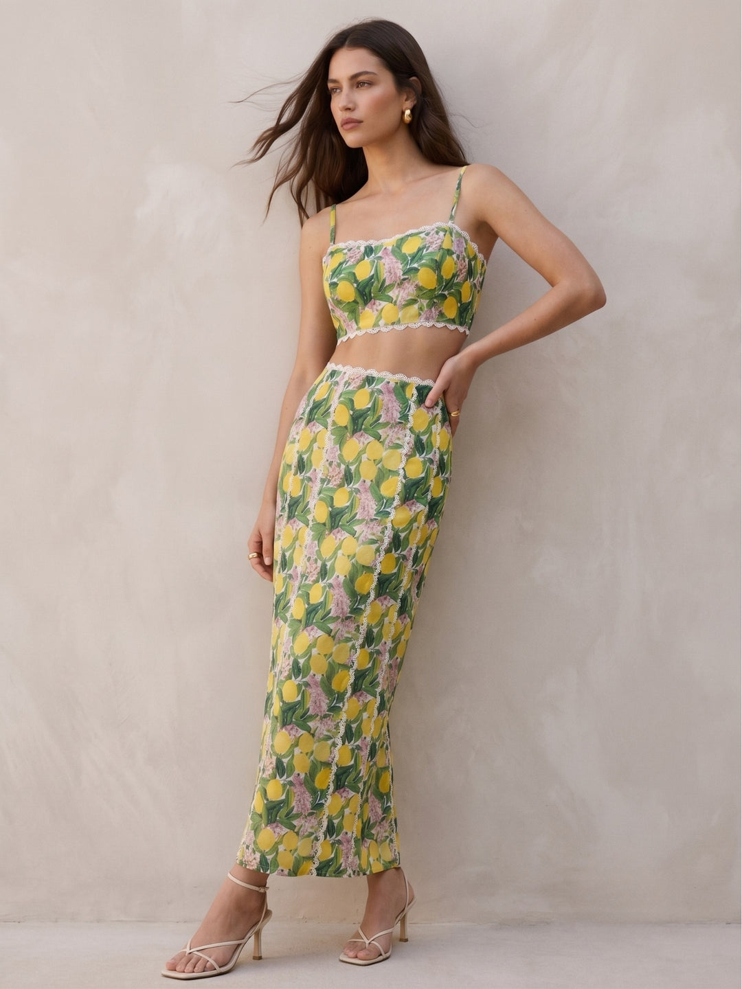 Green Floral Printed Top And Skirt Set