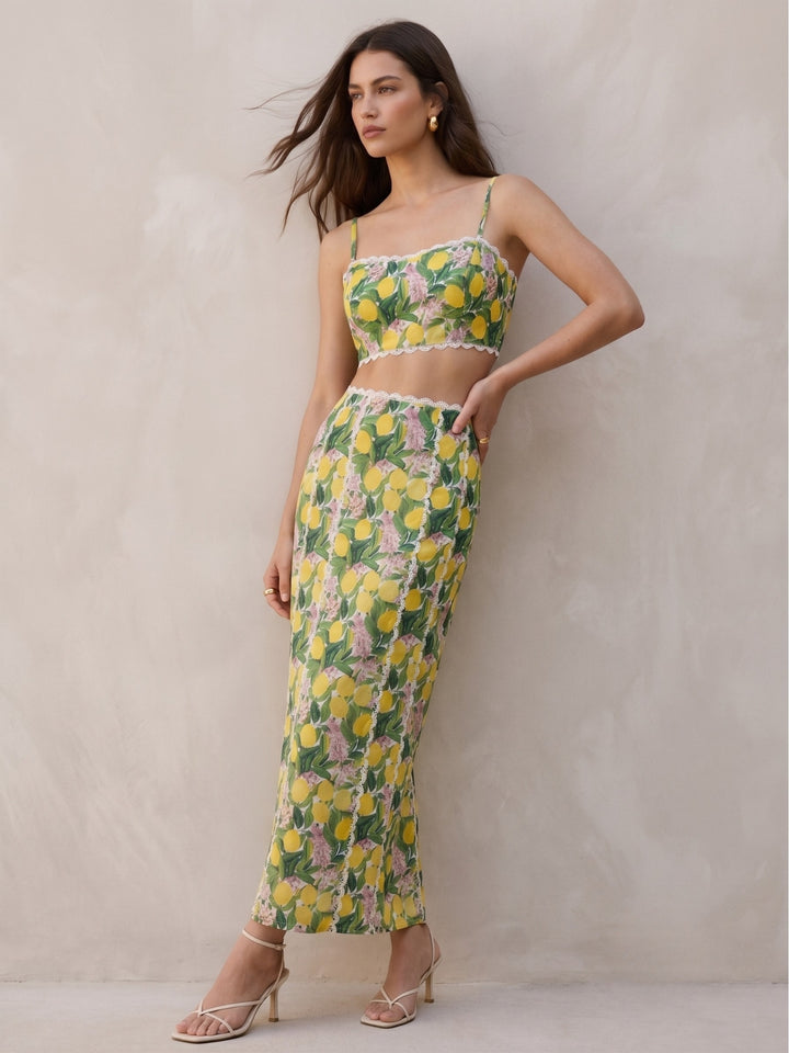 Green Floral Printed Top And Skirt Set