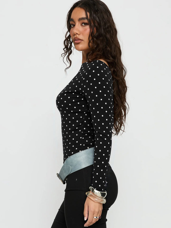 Black Boat Neck Polka Dotted Top