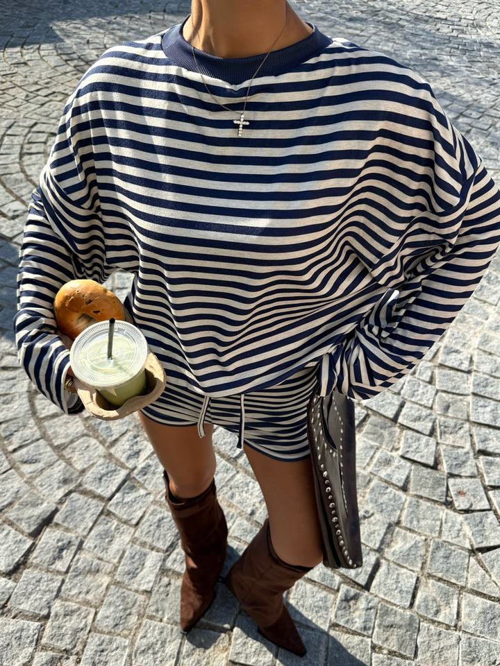 Navy Blue Striped Top And Shorts Co-Ord Set