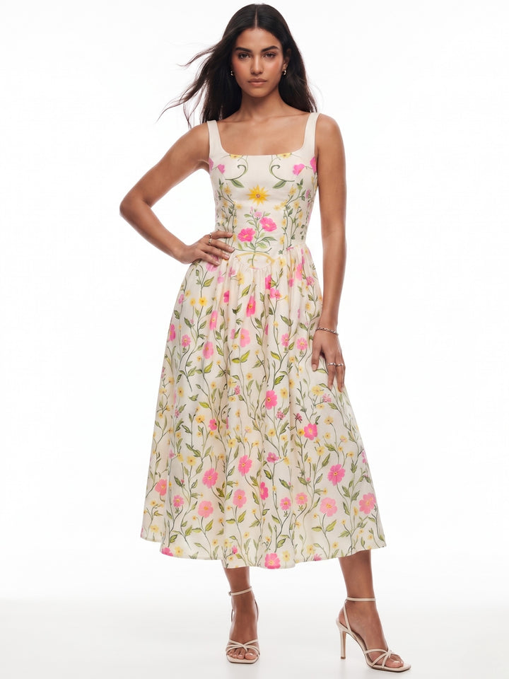 White Scoop Neck Strappy Printed Dress