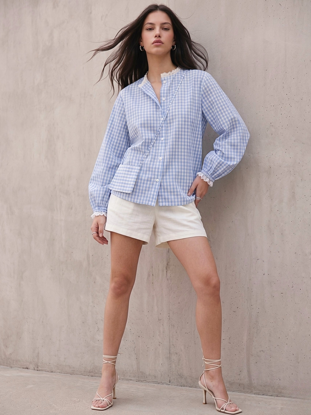 Blue Relaxed Fit Lace Detailed Ghingham Check Cotton Blouse With Self Fabric Bag