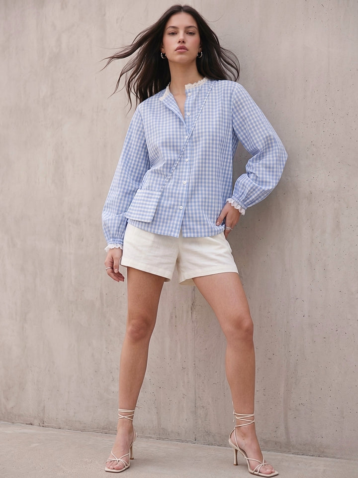 Blue Relaxed Fit Lace Detailed Ghingham Check Cotton Blouse With Self Fabric Bag