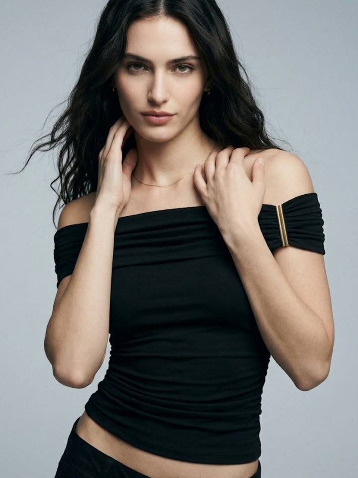 Black Off Shoulder Buckle Detail Top