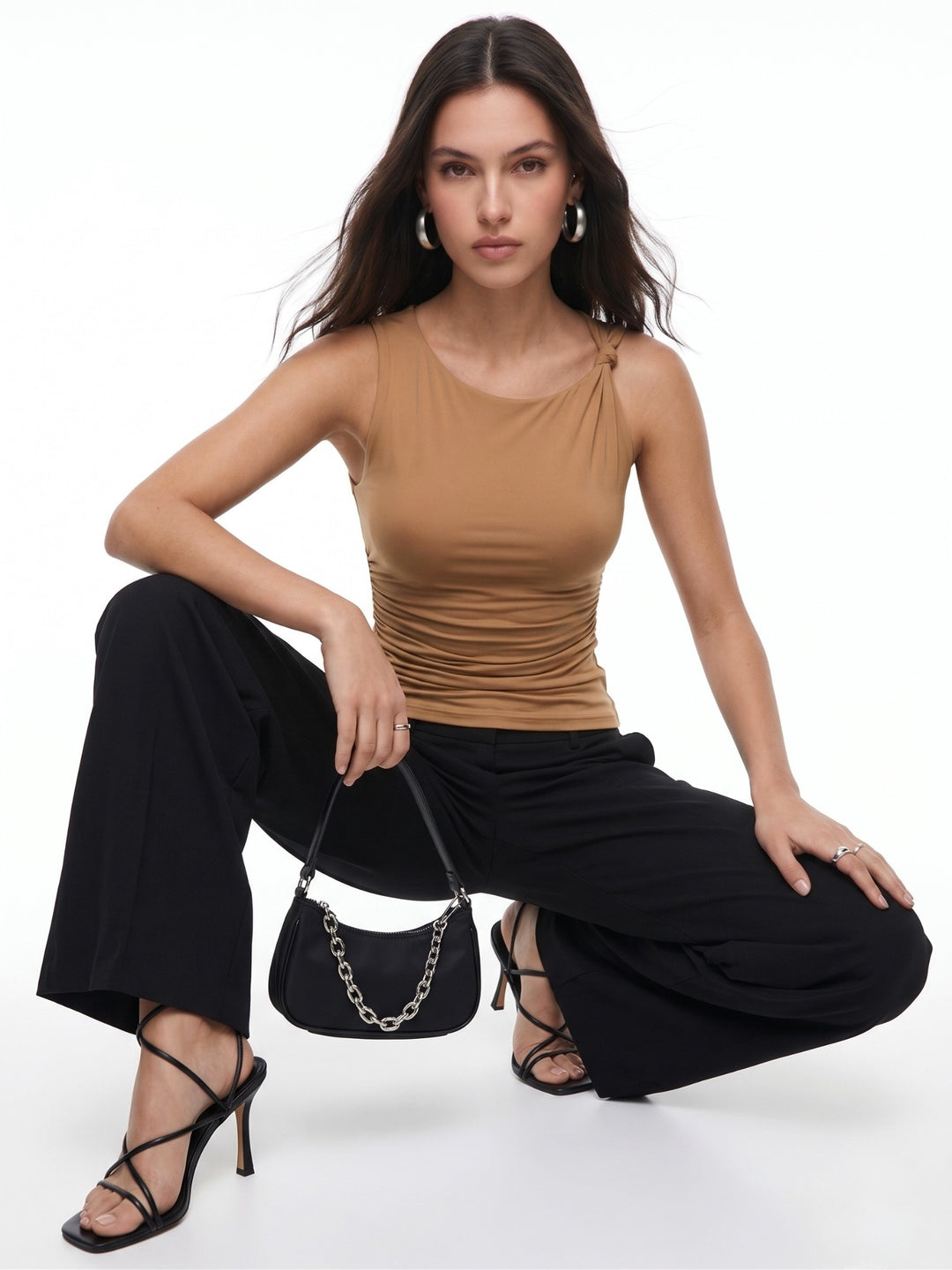 Brown Knot Detail Sleeveless Polyamide Top