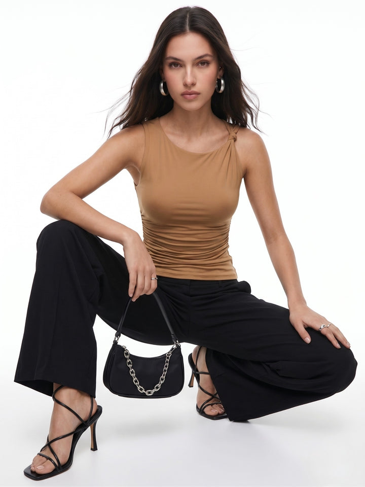 Brown Knot Detail Sleeveless Polyamide Top