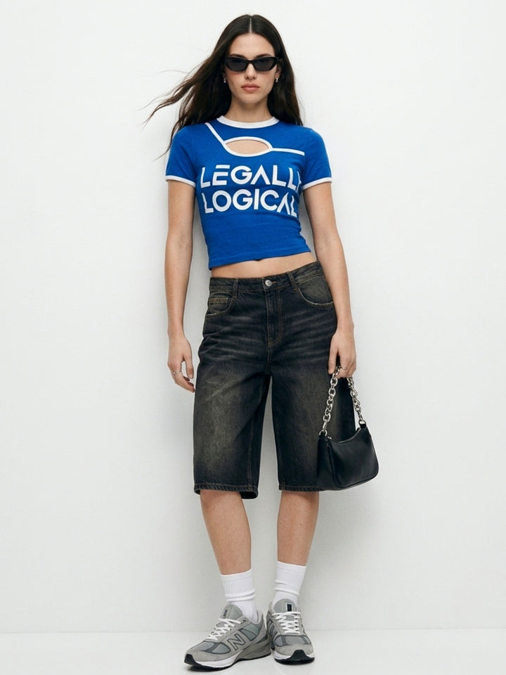 Blue Contrast Binding Neck Cut Out Graphic Printed T-Shirt