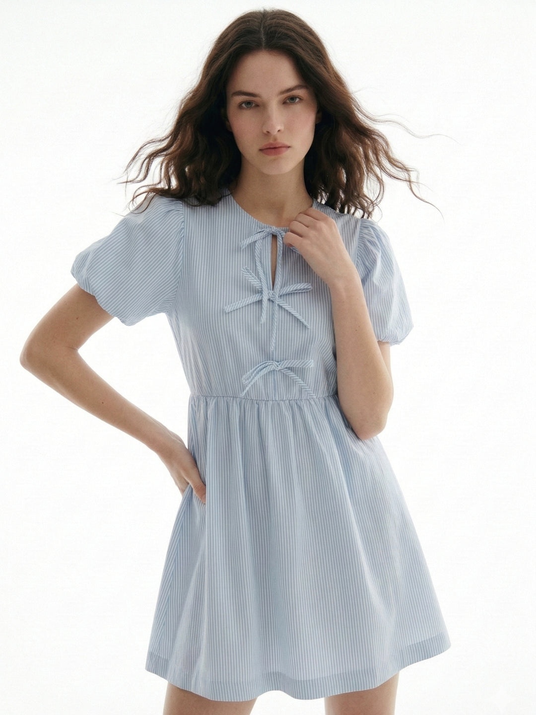 Blue Puff Sleeve Bow-Tie Dress