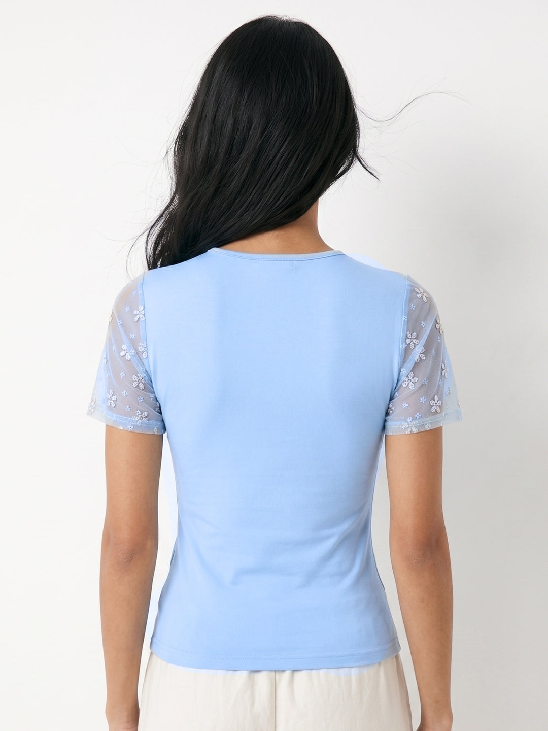 Blue Puff Sleeve Fitted Top