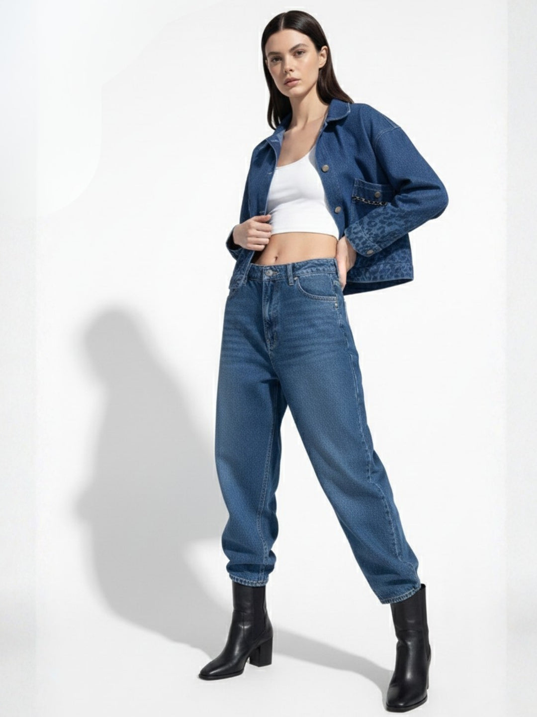 Navy Blue Printed Monochrome Denim Jacket