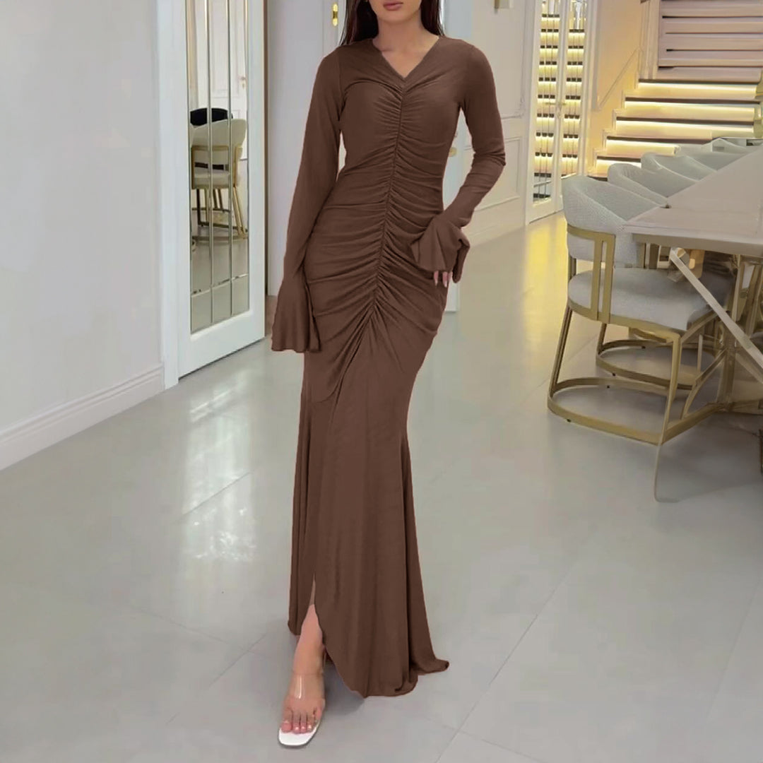 Brown Bell Sleeve Front Ruched Dress