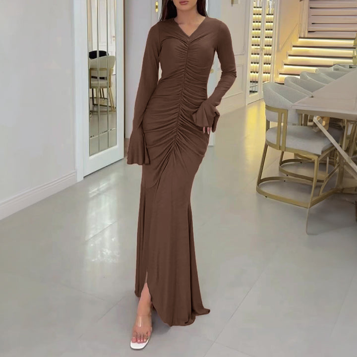 Brown Bell Sleeve Front Ruched Dress
