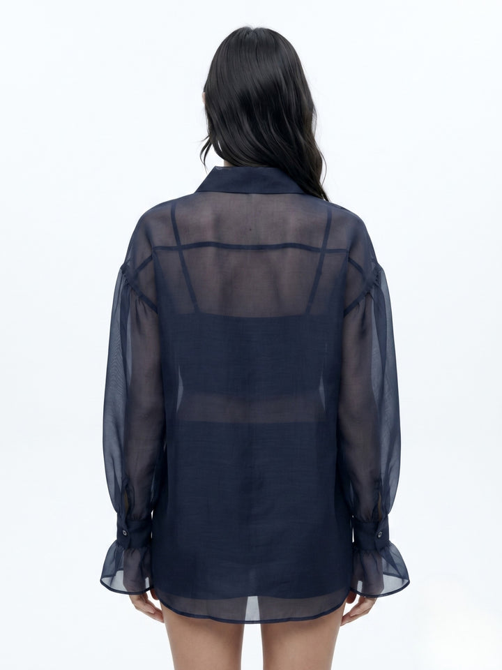 Navy Blue Flowy Shirt With Cupped Sleeves