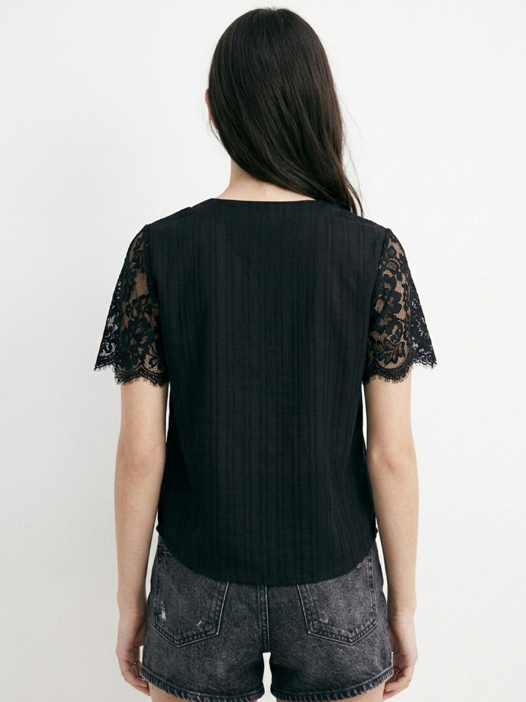 Black V Neck Blousson With Lace Inserts On Sleeves