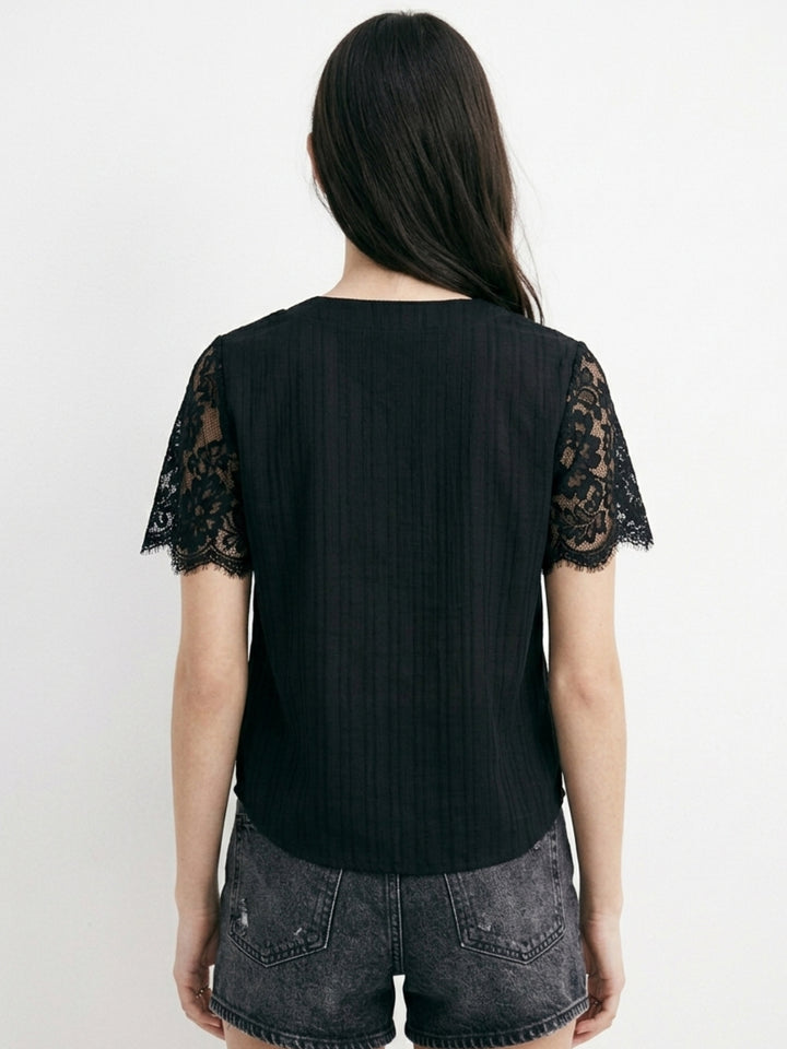 Black V Neck Blousson With Lace Inserts On Sleeves