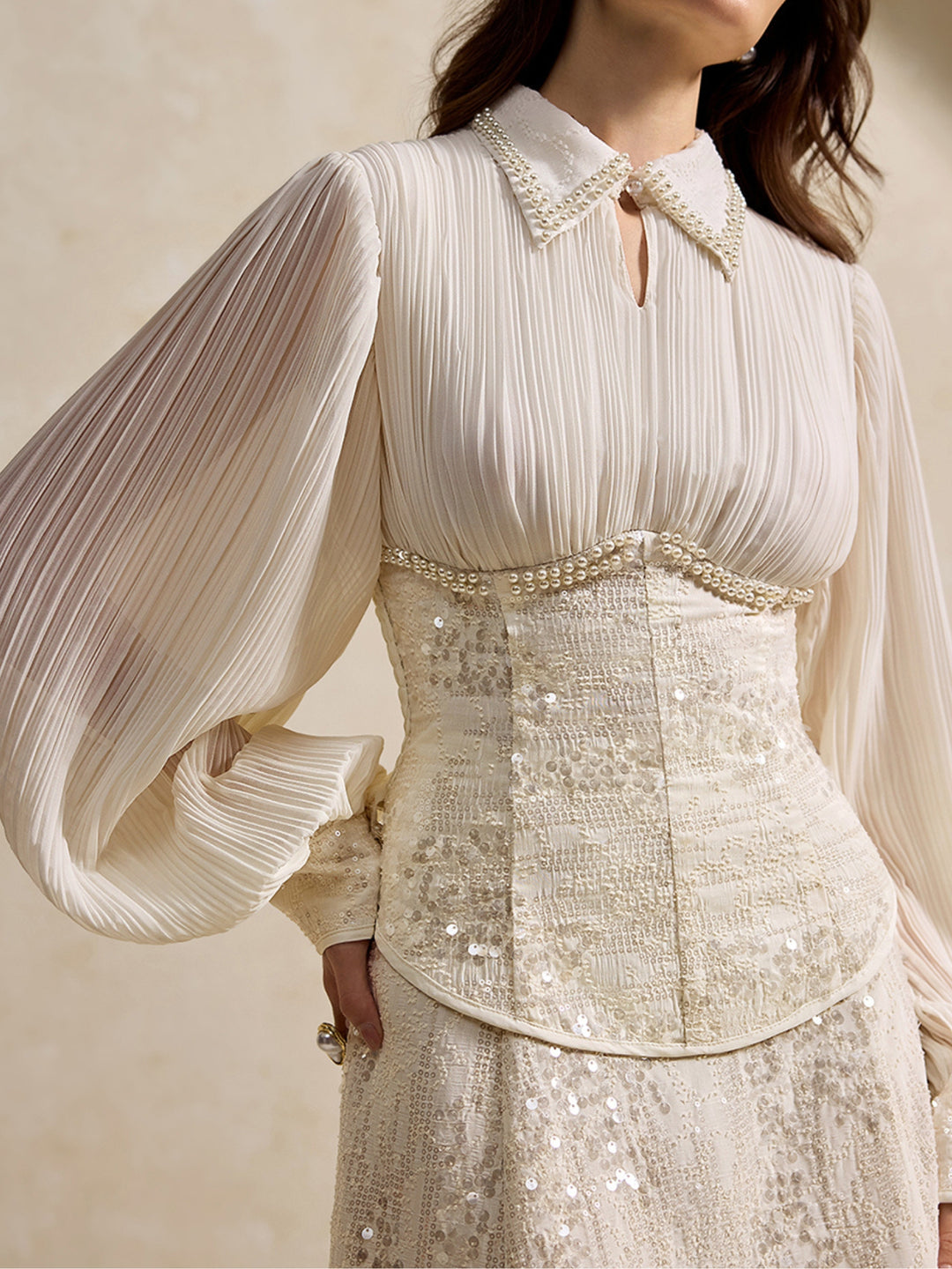 Off White Balloon Sleeve Corset Fitted Top