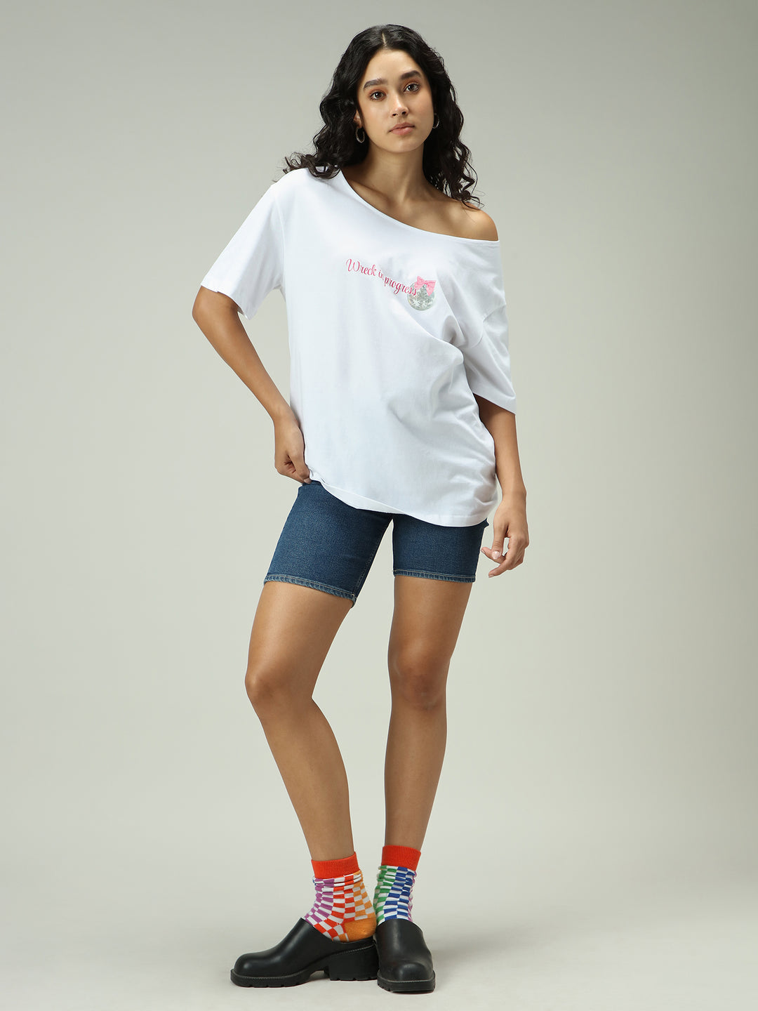 White One Shoulder Graphic T-Shirt