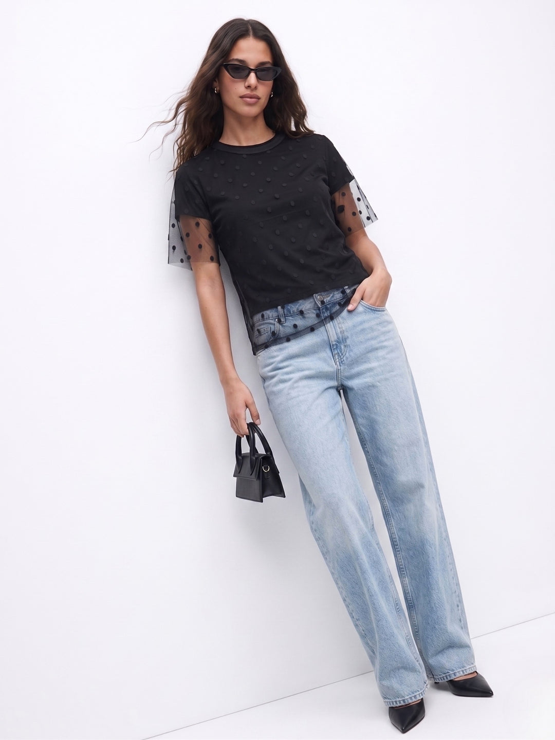 Black Twofer Styled Polka Dotted Tulle With Solid Top