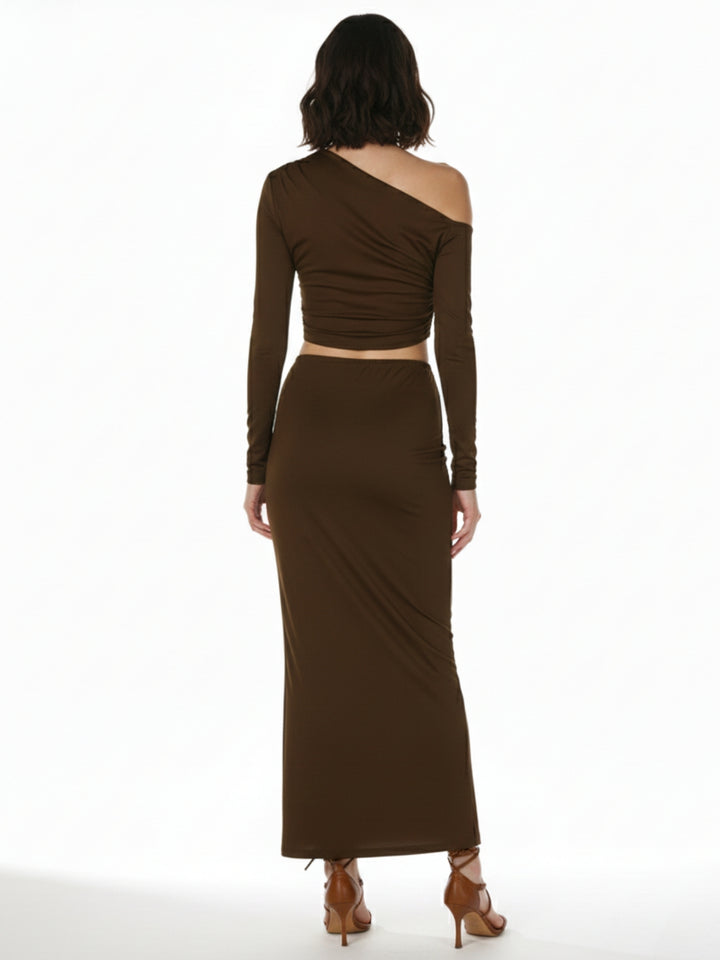 Brown One Shoulder Top And Skirt Set