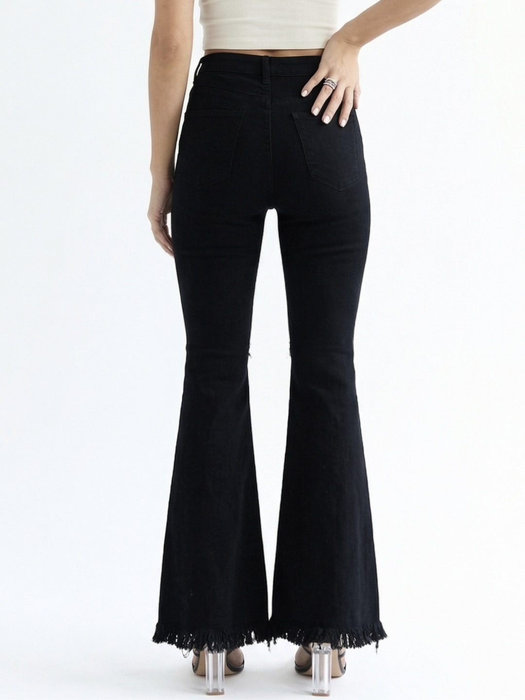 Black Flared Denim With Knee Distress