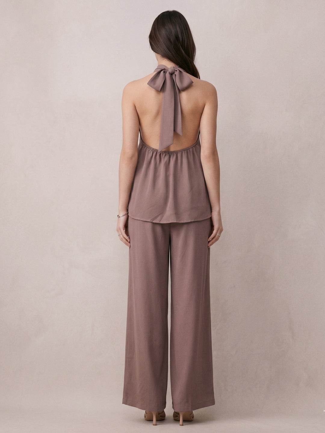 Taupe Cross Halter Neck Top And Pant Set
