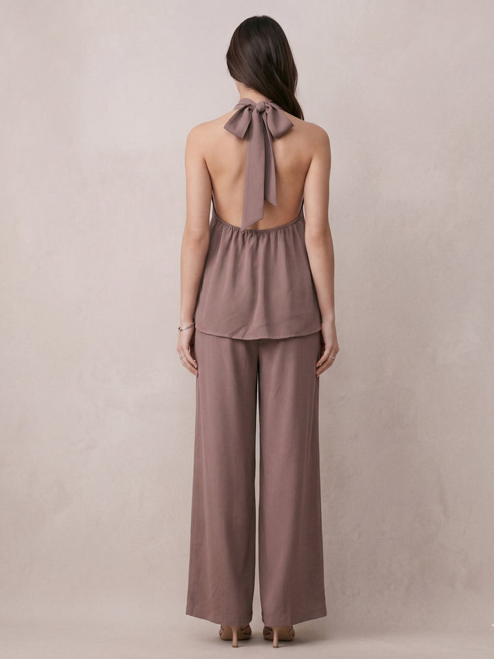 Taupe Cross Halter Neck Top And Pant Set