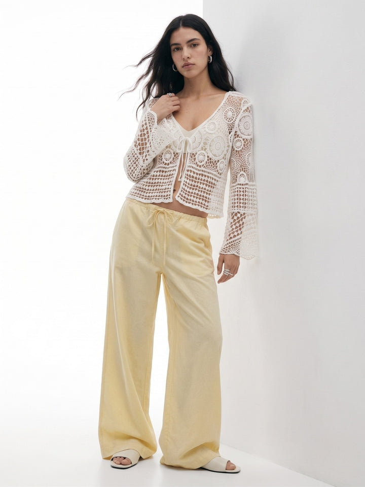 Off White Front Tie-Up Bell Sleeve Crochet Top
