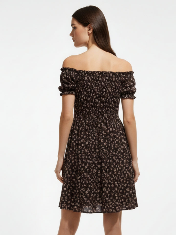 Black Off Shoulder Mini Dress With Smocking Detail