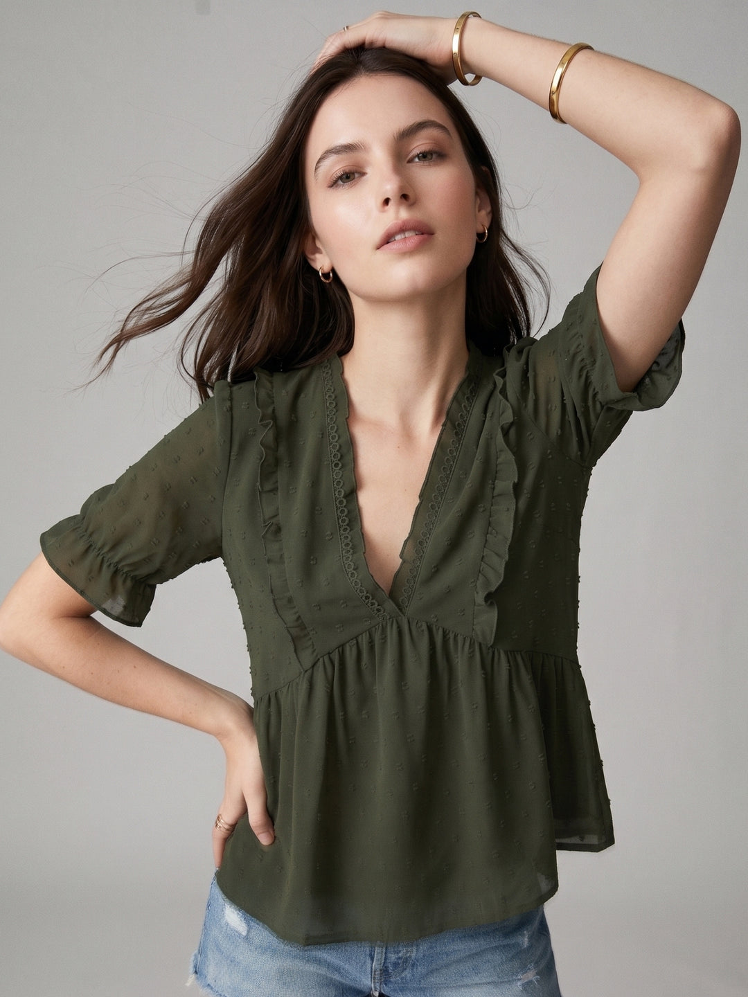 Green Ruffle Sleeve V Neck Top
