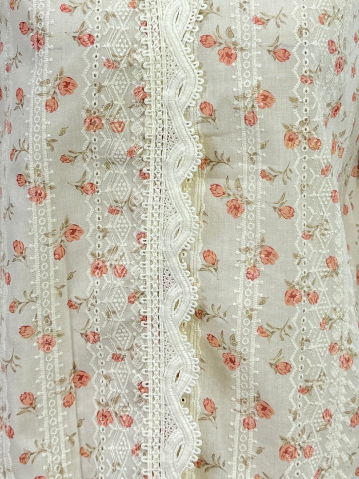 Off White Printed Puff Sleeved Top With Lace Inserts On The Neck