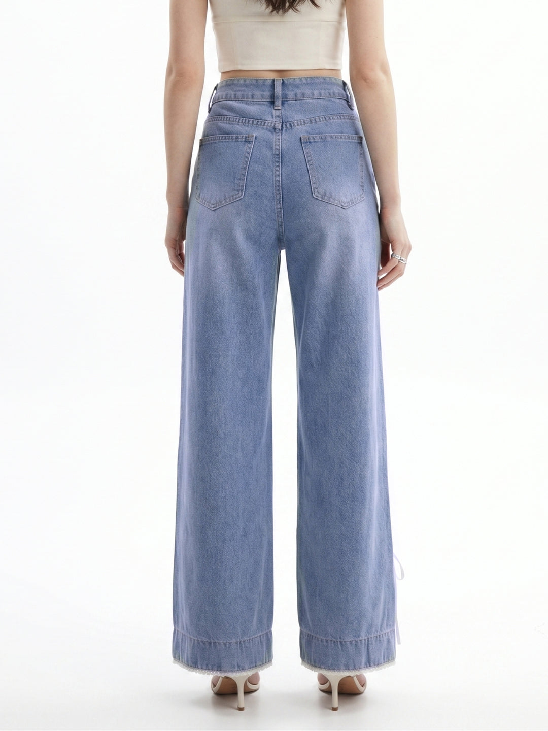 blue Tinted Baggy Jeans With Side Bow Detailing At The Hem
