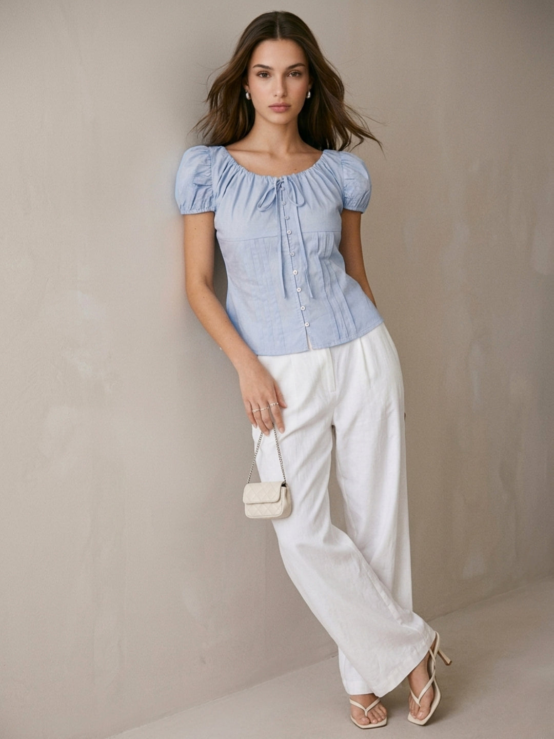 Blue Tie-Up Neck Puff Sleeve Top