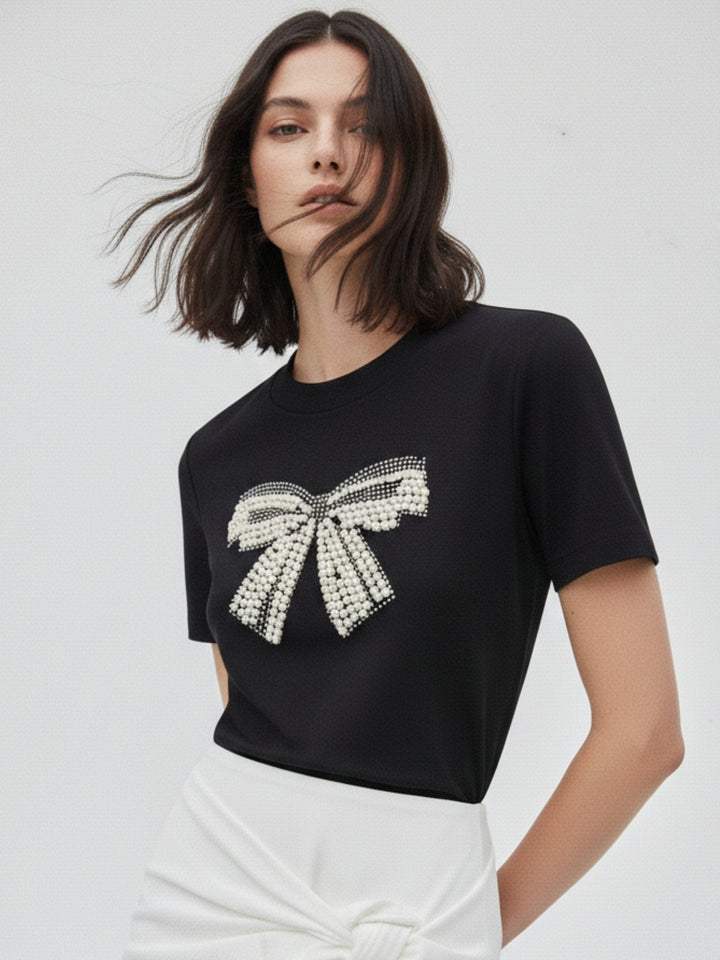 Black Embellished Large Bow T-Shirt
